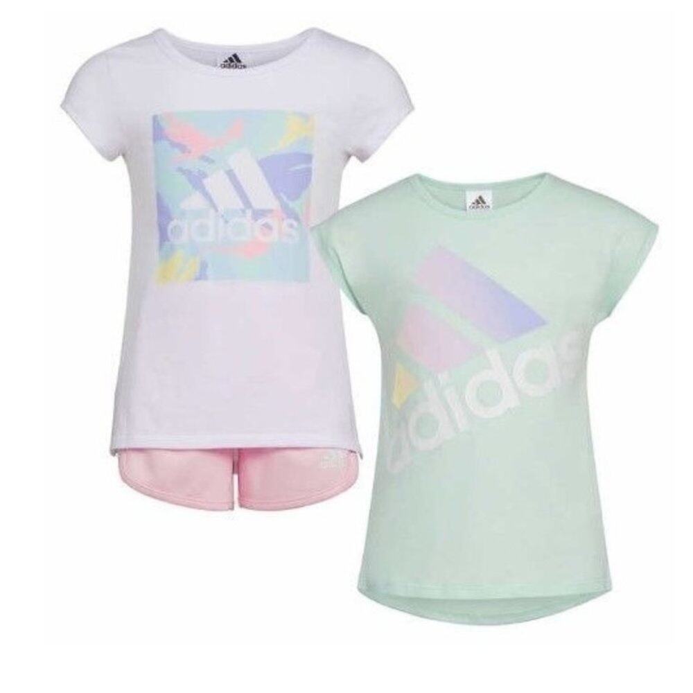 Girls Adidas Shirt 3 Piece Set Shorts Pink Mint Green Size 5 NEW